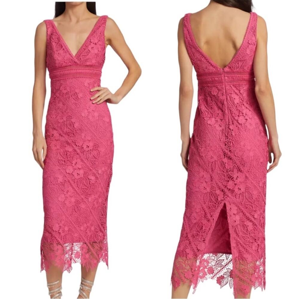 Monique Lhuillier NEW Floral Guipure Lace Midi Sheath Dress Pink Cocktail Formal